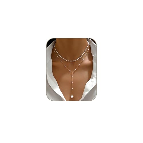 Layered Pearl Necklaces for Women 14K Gold Plated Trendy Faux Pearl Drop Y Necklace Dainty Pearl Choker Gold Layering Necklace,Jewelry Gift for Her,Mother,Wife,Girlfriend - style: Pearl Y Necklace