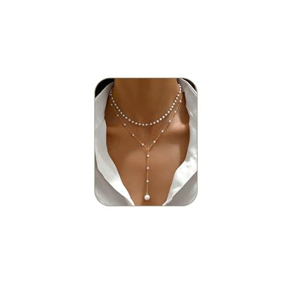 Layered Pearl Necklaces for Women 14K Gold Plated Trendy Faux Pearl Drop Y Necklace Dainty Pearl Choker Gold Layering Necklace,Jewelry Gift for Her,Mother,Wife,Girlfriend - style: Pearl Y Necklace