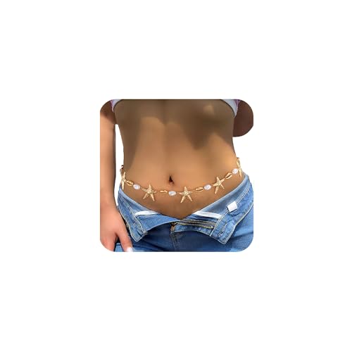 XZQTIVE Starfish Pearl Waist Chain Belts for Women Mermaids Seashell Pearl Belly Chain Gold Pirate Rave Festival Summer Bikini Beach Jewelry Accessories - style: Starfish-2