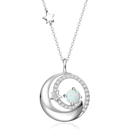FANCIME Birthstone Necklaces 925 Sterling Silver Moon and Star Pendant Fine Jewelry Birthday Mothers Day Gifts for Mom Wife Her Daughter, Adjustable Chain 16+2" - color: Oct.- Opal