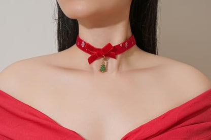 FOSIR Velvet Choker for Slender Neck, 14k Gold Plated Sainless Steel Heart/Snowman/Deer/Hat/Tree/Bell/Pendant Collar Necklace for Women, Adjustable Soft Skin-Friendly Velvet Jewelry Gifts - color: Red Choker- Tree