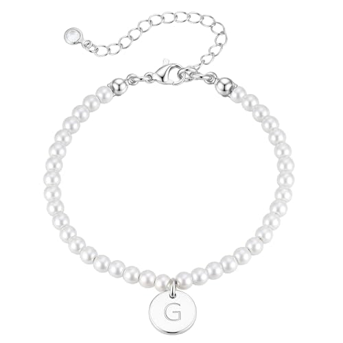 Pearl Initial Bracelet for Women | Gifts for Kids Teen Girls, Dainty Letter Pearl Bracelets for Women, Bridesmaid Proposal Wedding Bride Bridal Shower Gift - color: G-Silver