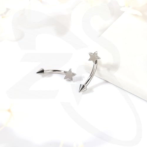 ZS 2 Pairs Stainless Steel Eyebrow Rings, 16G Curved Belly Rings Navel Barbell Helix Daith Tragus Earrings, 8/10mm Spike Vertical Labret Lip Piercing Jewelry - color: Silver,Star-L:8/10mm