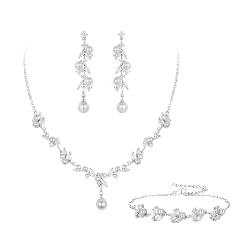 EleQueen Women's Simulated Pearl Wedding Jewelry Set for Brides | Cubic Zirconia Necklace Earrings Bracelet Set for Brides Bridesmaids, Bridal Jewelry Set for Anniversary/Memorial Day - style: Pearl Necklace Earrings Bracelet