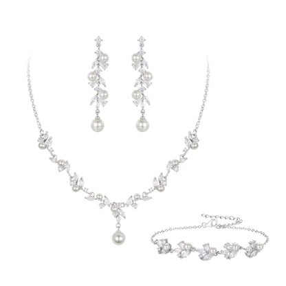 EleQueen Women's Simulated Pearl Wedding Jewelry Set for Brides | Cubic Zirconia Necklace Earrings Bracelet Set for Brides Bridesmaids, Bridal Jewelry Set for Anniversary/Memorial Day - style: Pearl Necklace Earrings Bracelet