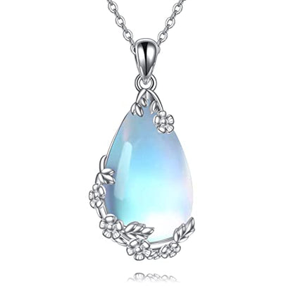 VONALA Sterling Silver Necklace Moss Agate/Turquoise/Larimar/Aquamarine/Opal/Black Onyx/Rose Quartz/Moonstone Pendant Teardrop Necklace Jewelry Gift for Women - style: Moonstone