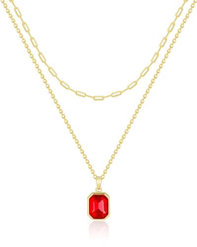 Gold Layered Necklaces for Women, 18k Gold Plated Crystal Necklace Paperclip Choker Emerald Green Jewelry for Women Gifts - color: Red