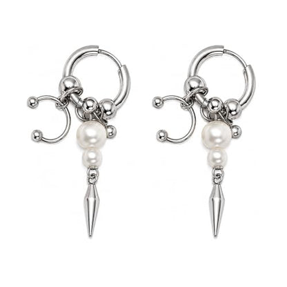 Stainless Steel Horseshoe Barbell Simulated Pearl Spike Dangling Hoop Earrings, Sold as a Pair