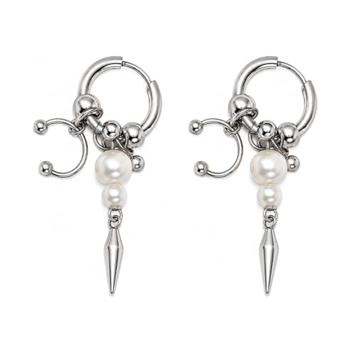 Stainless Steel Horseshoe Barbell Simulated Pearl Spike Dangling Hoop Earrings, Sold as a Pair