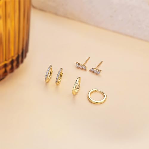 Freekiss 3 Pairs Hoop Earrings Set - Dainty Stud Dangle Cartilage for Women | Hypoallergenic Earrings, Cubic Zirconia Stackable Trendy Small Set Jewelry Gifts for Women - style: 3cz leaf stud earrings-GD
