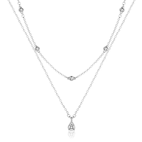ACECHA Silver Necklace for Women, Dainty Layered Stack Set | silver plated, stackable, choker necklaces with cz pendant, ideal for daily prom wedding jewelry - color: silver-waterdrop diamond