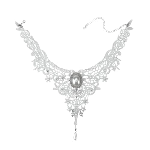 MILAKOO Lace Tattoo Choker for Women Elegant Goth & Elegant Necklace Collarbone Pearl Pendant Collar - color: White A