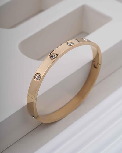 Gold Crystal Hinged Bangle Bracelet for Women – Stainless Steel Bezel Set Cubic Zirconia – Hypoallergenic Waterproof – Minimalist Stackable Jewelry – Gift for Her Backend: crystal hinged bangle gold cuff bezel cubic zirconia stackable bangle minimalist pu