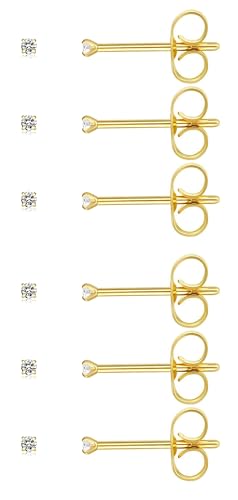 6Pairs 2mm/3mm Surgical Steel Hypoallergenic Piercing Studs, 20G 14K Real Gold Filled Tiny Stud Earrings Set for Multiple Hole Piercing (Cubic Zirconia, Pearl, Ball) - style: E : Cubic Zirconia, Gold, 2MM, 6 Pairs