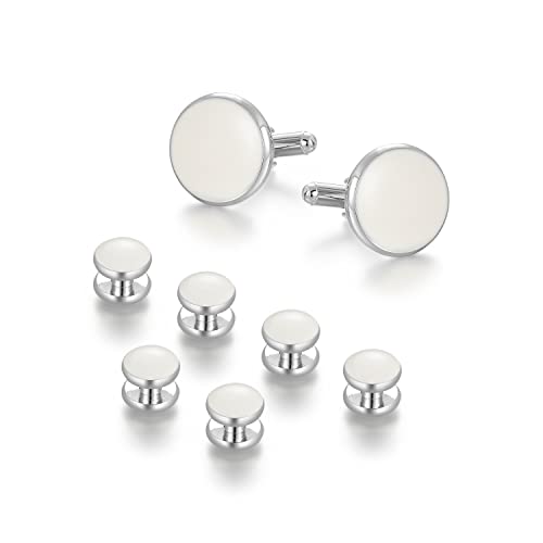 wynameleri Mens Cufflinks and Studs Set Blanks Round 4 Colors Shirt Tuxedo Buttons Packed in Cufflink Box for Business Wedding Jewelry - color: White