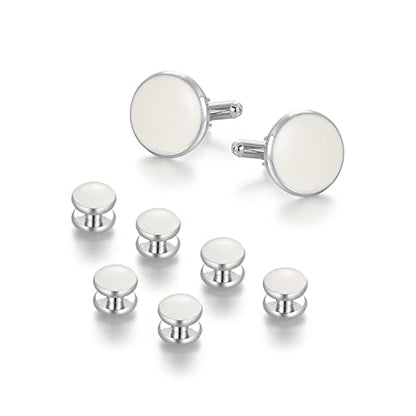 wynameleri Mens Cufflinks and Studs Set Blanks Round 4 Colors Shirt Tuxedo Buttons Packed in Cufflink Box for Business Wedding Jewelry - color: White