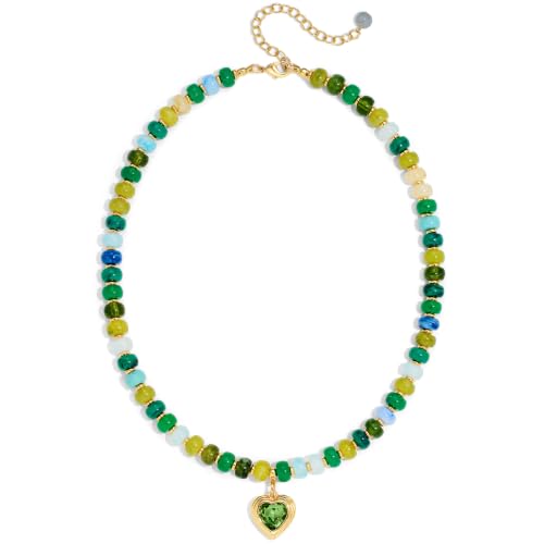 Boho Beaded Choker Necklaces for Women with A Gold Heart CZ - color: Green