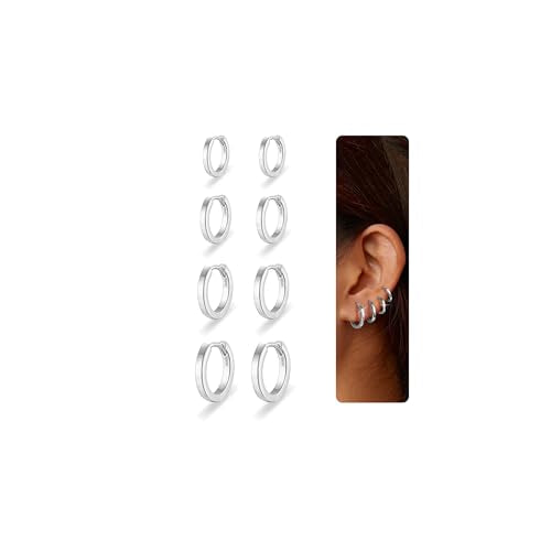 4 Pairs Sterling Silver Earrings For Women Trendy 14K Gold Plated Small Huggies Hoop Earrings Hypoallergenic Cartilage Sleeper Hoop Earring Set for Multiple Piercing 6/8/10/12mm - color: Silver