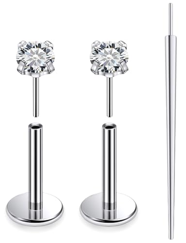 20G 18G 16G F136 Titanium Threadless Flat Back Earrings Nose Studs Tragus Forward Helix Conch Cartilage Lobe Earrings Medusa Labret Snake Bite Monroe Lip Ring Piercing Jewelry For Women Men - size: 20G-7MM Bar-CZ 2MM