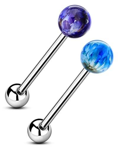 2pcs G23 Solid Titanium Tongue Rings for Women Flower Acrylic Tongue Ring 14g Tongue Barbells Cute Tongue Piercing Jewlery