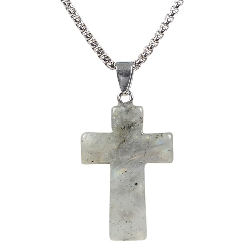 Justinstones 32mm Gemstone Carved Cross Reiki Chakra Pendant With Stainless Steel Necklace 22 Inch - color: Labradorite