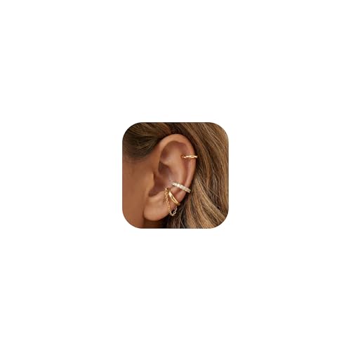 Ear Cuffs Non Piercing Ear Cuff for Women Clip on Huggie Hoop Earrings Gold Fake Earring Cuff with Chain Clips Minimalist Jewelry - color: B4:4pcs gold