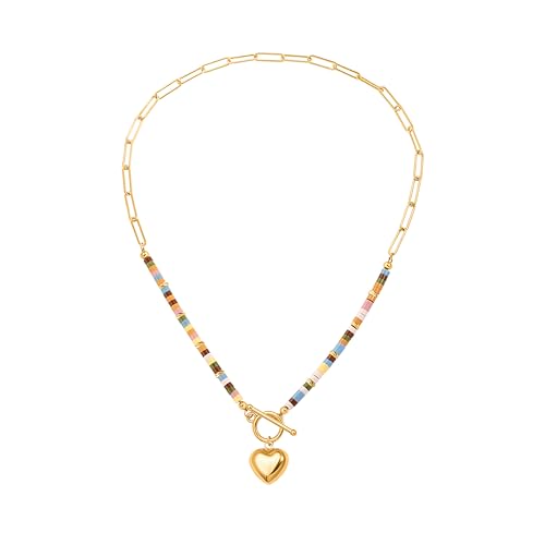 18k Gold Plated Chain Link Necklace for Women, Baroque Pearl/Compass Pendant Necklace - color: Colorful Beads Heart