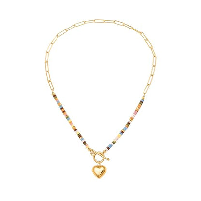 18k Gold Plated Chain Link Necklace for Women, Baroque Pearl/Compass Pendant Necklace - color: Colorful Beads Heart