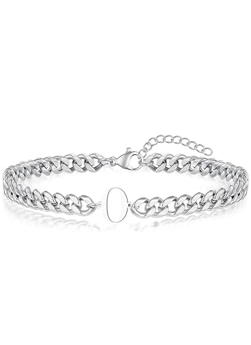 Initial Bracelet Matching Couple Bracelets Silver Letter A-Z Stainless Steel Cuban Link Chain Mens Bracelets Christmas Birthday Gifts for Men Women Him Teens Best Friends Husband Dad Son - color: O