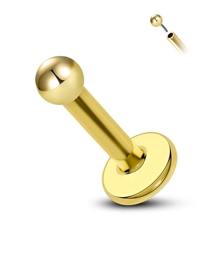 COCHARM 14K Solid Gold Helix Cartilage Tragus Earring Stud 16g Yellow Gold Threadless Tragus Cartilage Helix Conch Piercing Jewelry Flat Back Lip Labret Medusa Monroe Piercing Stud - color: 2mm Top, size: 6mm Length