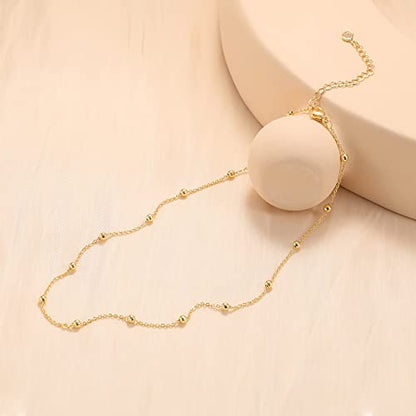 CHESKY 14K Gold Plated Silver Dainty Satellite Choker Necklace for Women | Layered Beaded Chain Necklace, Thin Choker Jewelry, Dainty Gold necklace, Minimalist Trendy Jewelry, Daily Gift for Women - style: Beaded+Gold