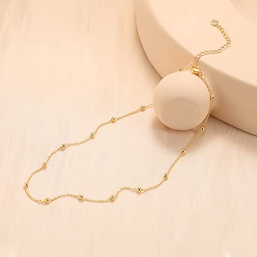 CHESKY 14K Gold Plated Silver Dainty Satellite Choker Necklace for Women | Layered Beaded Chain Necklace, Thin Choker Jewelry, Dainty Gold necklace, Minimalist Trendy Jewelry, Daily Gift for Women - style: Beaded+Gold