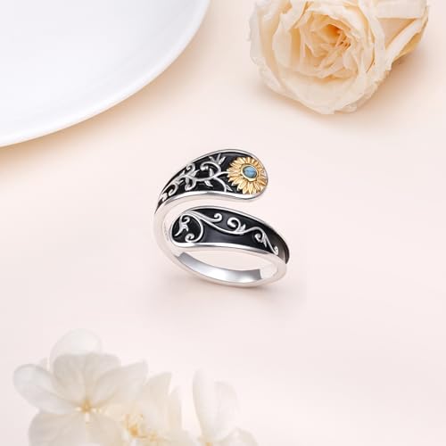 FLYOW Sterling Silver Sunflower Spoon Ring Victorian Style Boho Antique Flower Adjustable Open Ring Retro Statement Cubic Zirconial/Turquoise/Oxidized Thumb Rings for Women Birthday Christmas Jewelry - style: Turquoise-7