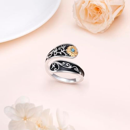 FLYOW Sterling Silver Sunflower Spoon Ring Victorian Style Boho Antique Flower Adjustable Open Ring Retro Statement Cubic Zirconial/Turquoise/Oxidized Thumb Rings for Women Birthday Christmas Jewelry - style: Turquoise-7
