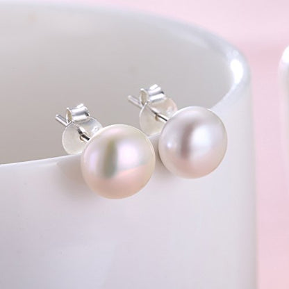 ALYC Pearl Earrings Freshwater Pearl White Button Stud Earrings with 925 Sterling Silver for Women - size: 6.5-7.0mm