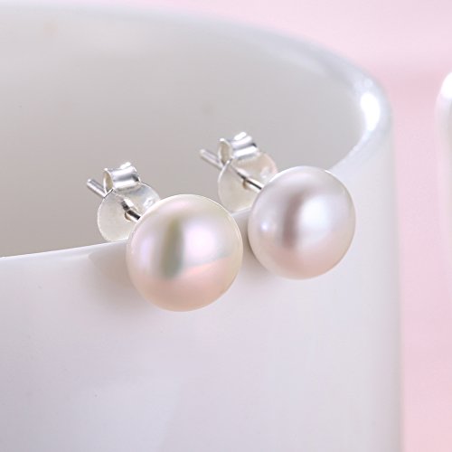 ALYC Pearl Earrings Freshwater Pearl White Button Stud Earrings with 925 Sterling Silver for Women - size: 9.5-10.0mm