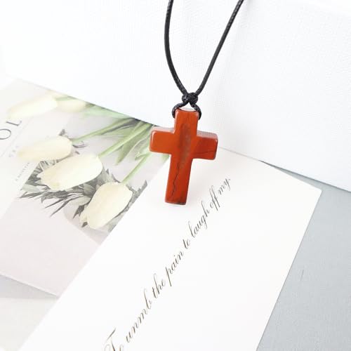 FANASY Natural Gemstone Pendant Necklace for Men Healing Crystal Pendant Adjustable Black Rope Necklace Jewelry Gifts for Women Men - color: X- Cross Red Jasper-1