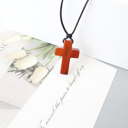 FANASY Natural Gemstone Pendant Necklace for Men Healing Crystal Pendant Adjustable Black Rope Necklace Jewelry Gifts for Women Men - color: X- Cross Red Jasper-1