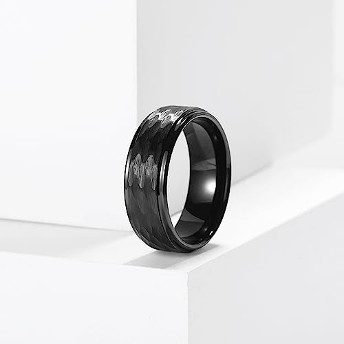 King Will Hammered 8mm Silver Tungsten Ring Hammer Men Wedding Band Comfort Fit - color: Black Step Edge