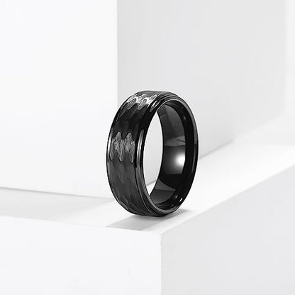 King Will Hammered 8mm Silver Tungsten Ring Hammer Men Wedding Band Comfort Fit - color: Black Step Edge