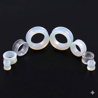 Hollow Tunnels Opalite Organic Stone Ear Plugs Gauges Sold in Pairs - style: 6MM-2 GAUGE