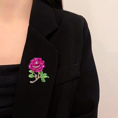 Gradient Purple Rose Flower Brooch Enamel Crystal Floral Lapel Pin Gold Tone Elegant Brooch for Women Suit Coat Scarf Accessory - color: Hot Pink