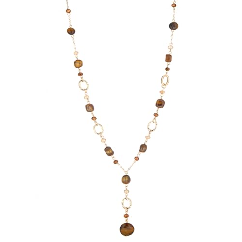 FULU AUTUMN Long Gold Beaded Necklaces for Women Natural Stone Bead Statement Pendant Necklace Y Sweater Chain Fashion Jewelry Gifts - color: Tiger's Eye
