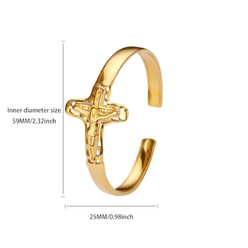 Gold Statement Cuff Bracelet Ankh Cross - Waterproof Stainless Steel Open Bangle Hypoallergenic Egyptian Key of Life Jewelry, Adjustable Protection Amulet for Women Men - color: Gold Jesus