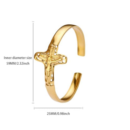 Gold Statement Cuff Bracelet Ankh Cross - Waterproof Stainless Steel Open Bangle Hypoallergenic Egyptian Key of Life Jewelry, Adjustable Protection Amulet for Women Men - color: Gold Jesus