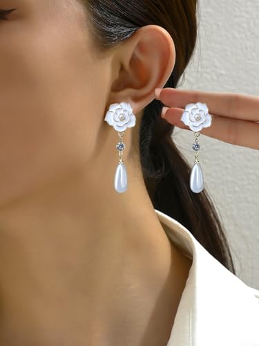 Gold Flower Dangle Earrings for Women Elegant Floral Drop Statement Jewelry Long Tassel Earrings - color: C-silver pearl Flower Earrings