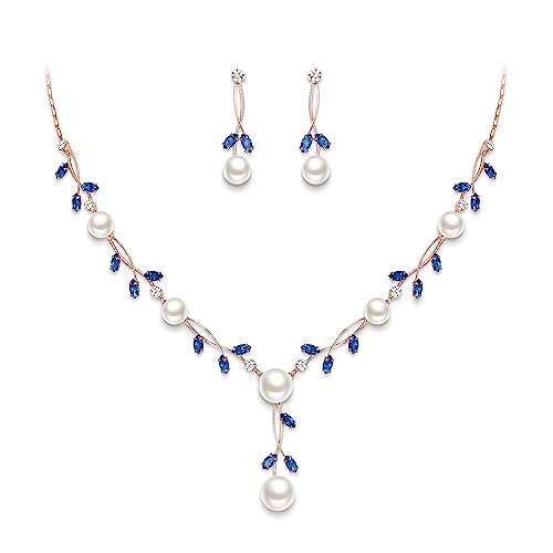 EVER FAITH Cubic Zirconia Pearl Leaf Vine Wedding Jewelry Set for Bride | Crystal Filigree Bridal Necklace Earrings, for Women Bridesmaid - color: 2pcs_Sky Blue Rose Gold-Plated-Brass