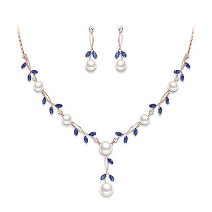 EVER FAITH Cubic Zirconia Pearl Leaf Vine Wedding Jewelry Set for Bride | Crystal Filigree Bridal Necklace Earrings, for Women Bridesmaid - color: 2pcs_Sky Blue Rose Gold-Plated-Brass