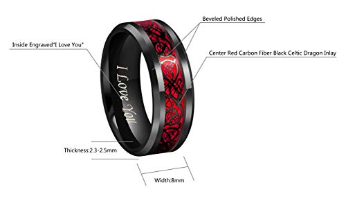 CROWNAL Black Dragon Men Black Tungsten Carbide Ring Wedding Band 6mm 8mm 10mm Red Carbon Fiber Black Celtic Dragon Inlay Engraved I Love You Size 7 to 17 - color: Black Dragon Red Carbon Fiber