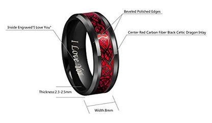 CROWNAL Black Dragon Men Black Tungsten Carbide Ring Wedding Band 6mm 8mm 10mm Red Carbon Fiber Black Celtic Dragon Inlay Engraved I Love You Size 7 to 17 - color: Black Dragon Red Carbon Fiber